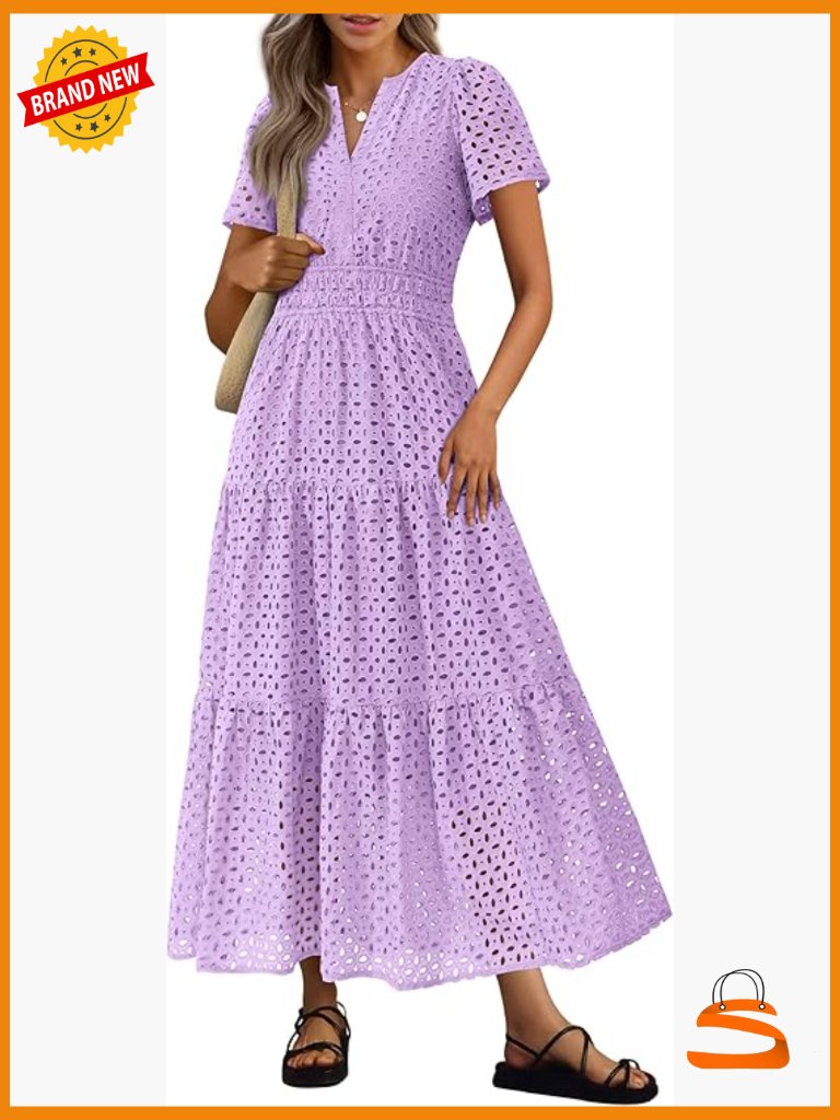 Hollow Out Eyelet Maxi Dress V Neck Short Sleeve Summer Beach Vacation